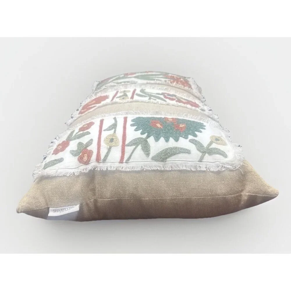 Shabby Chic Brand Tan w/ Colorful Embroidered Flowers Rectangular Pillow 25 X 16